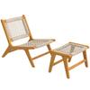 Gartenstuhl mit Hocker 2-teilig, FSC Akazienholz Outdoor-Liegestuhl mit Rattansitz, Boho-Stil, Verstellbare Füße