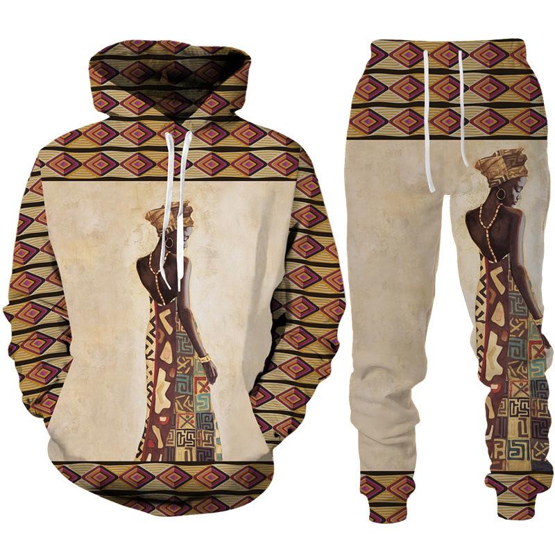 

Весенне-осенний комплект свитшотов с 3D принтом, мужская толстовка с капюшоном в африканском этническом стиле + брюки, свободный спортивный костюм с длинными рукавами из двух предметов, одежда 5XL