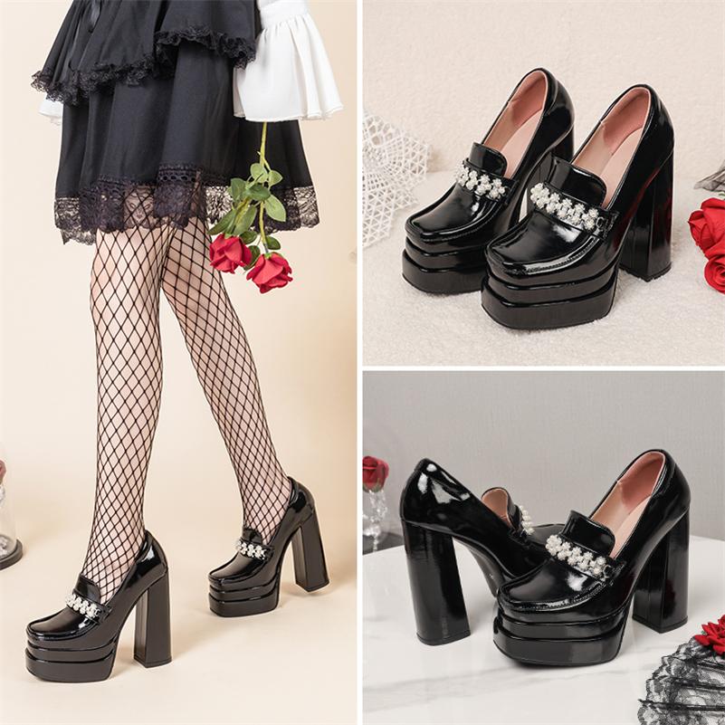 ANNYMOLI Women Patent Leather Loafers Pumps Square Toe Thick High Heels Bead Platform Ladies Fashion Shoes Spring Autumn Black 45 34 чёрный 4194₽