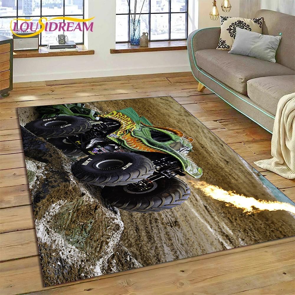 Tapete Cartoon Monster Truck Monster Jam para Sala de Estar Quarto Decoração de Casa, Tapete de Chão Antiderrapante Decoração para Sofá Capacho