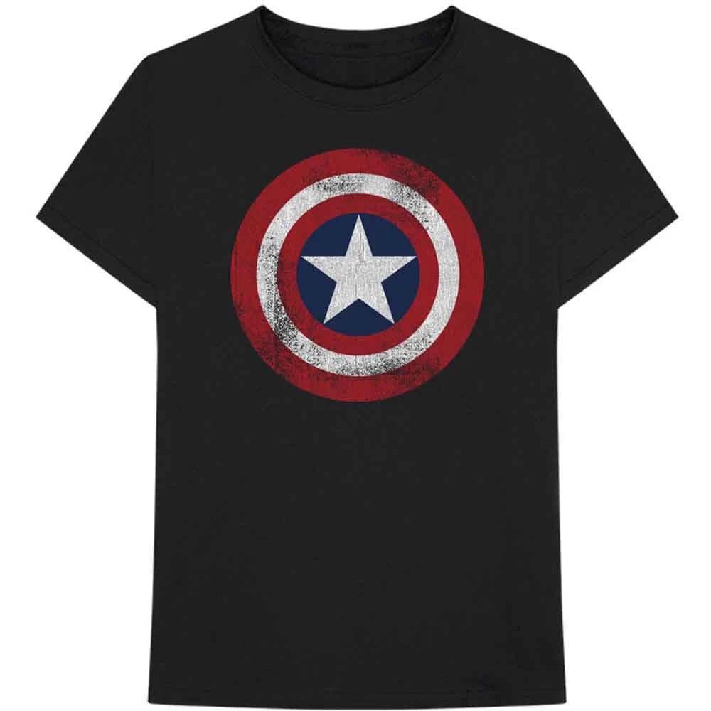 Marvel Comics T Shirt Captain America Distressed Shield Official Mens Black S 4XL