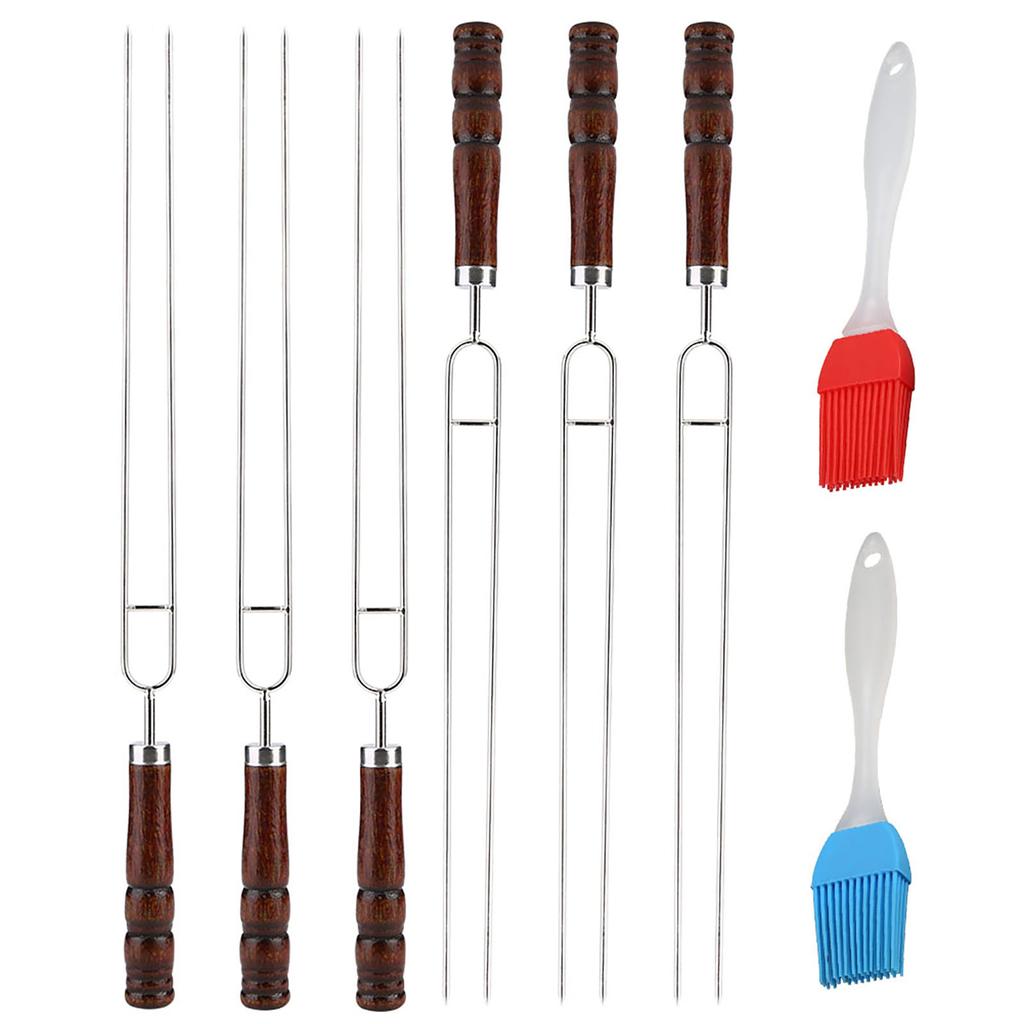 6Pcs Stainless Steel U Shaped Barbecue Fork Skewers with 2Pcs Silicone Baking Oil BBQ Brush