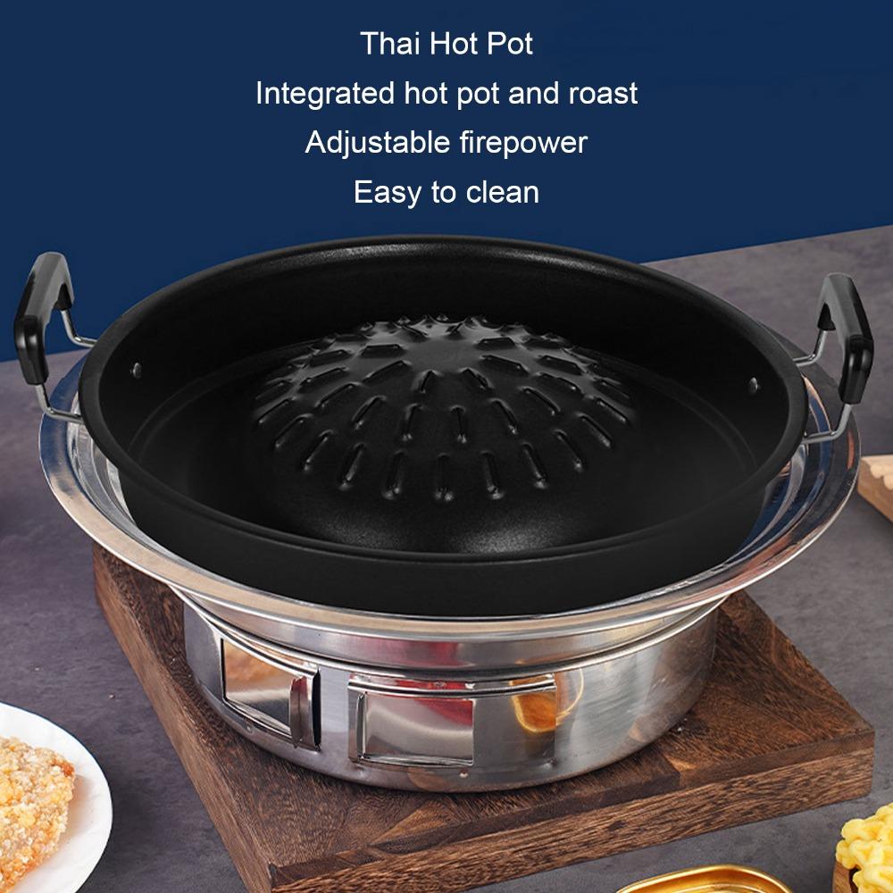 Round Thai BBQ Grill Pan Black Grill Pan with Side Portable Hot Pot Grill Pan Restaurant Use