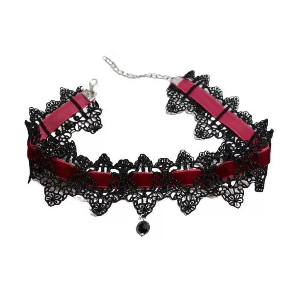 Charm Retro Black Lace Wine Red Velvet Tie Choker Black Teardrop Tassel Necklace for Women Christmas Neck Ornaments Jewelry Gift
