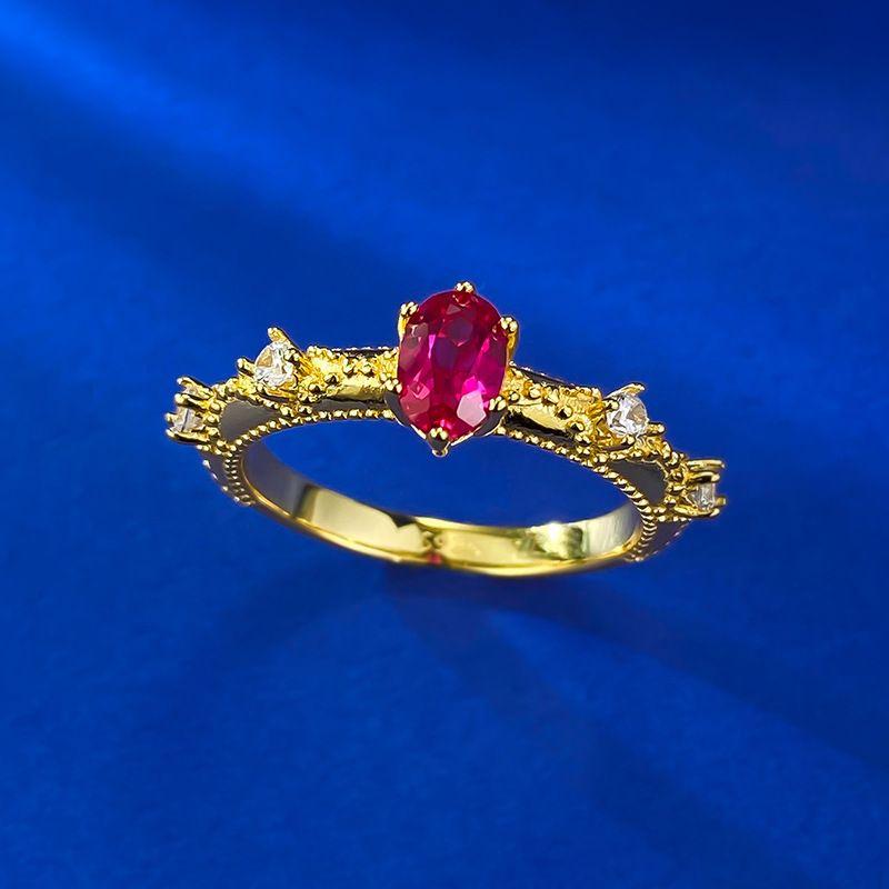 Xiancan Jewelry Women's S925 Silver Gold-Plated Red Oval Ring - Versatile French Style