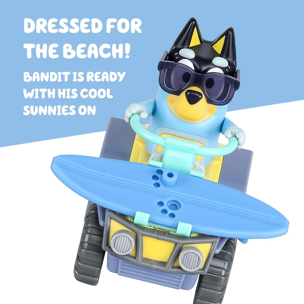 Bluey Bandit Surf Beach Toy Set, 3-Inch Poseable Bandit Figure, Beach Toy Kit with Sunglasses, Quad Bike, and Surfboard Accessories