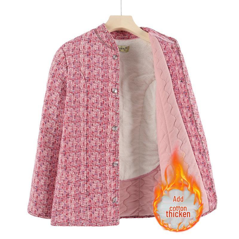 

Теплое хлопковое пальто на бархатной подкладке для женщин среднего и пожилого возраста: Зимняя свободная куртка из верблюжьего пуха с защитой талии 3XL (103-118 jin)