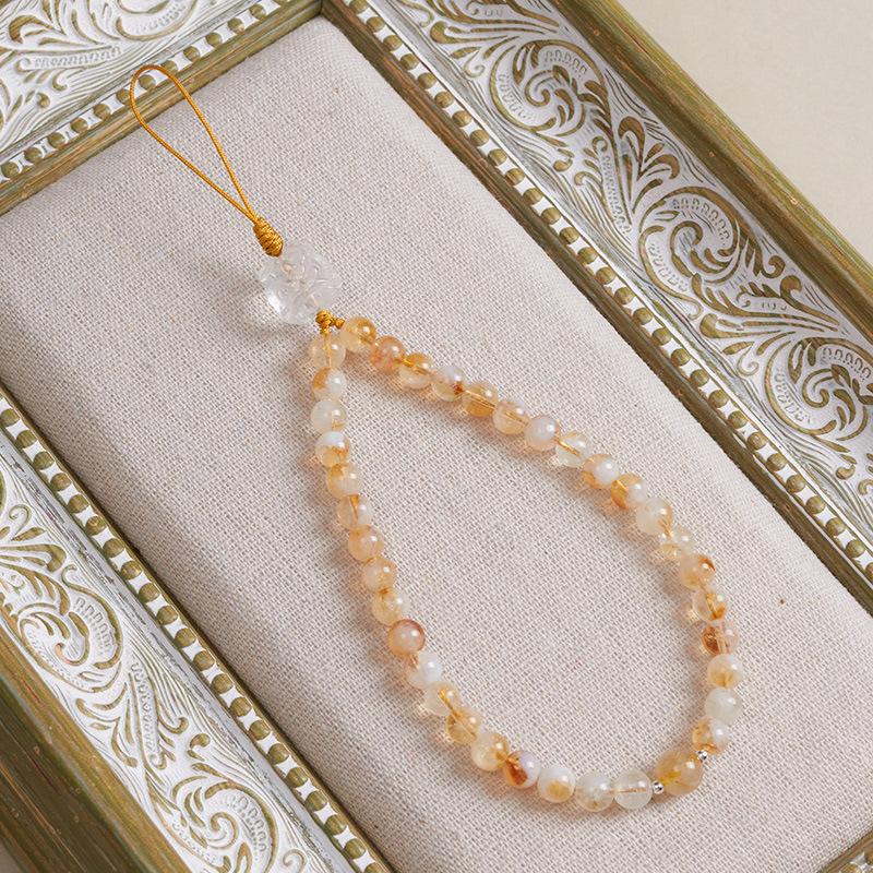 Original design natural yellow citrine crystal phone chain, golden rutilated quartz, white crystal lion pendant phone strap for women Leyu-Yellow Tower Crystal