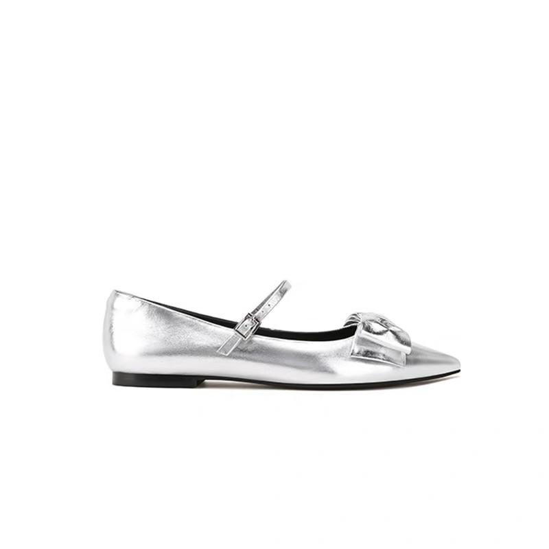 

Французские туфли-лодочки с острым носком и бантом Мэри Джейн для женщин 2025 новый стиль ретро с мелким вырезом элегантные для работы одиночные туфли 40 серебряный