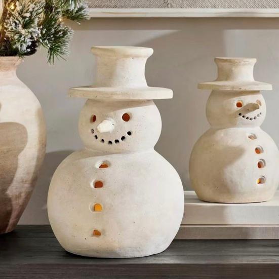 Terracotta Snowman Decor Handcrafted Resin Snowman Figurines Christmas Holiday Rustic Winter Tabletop Decor