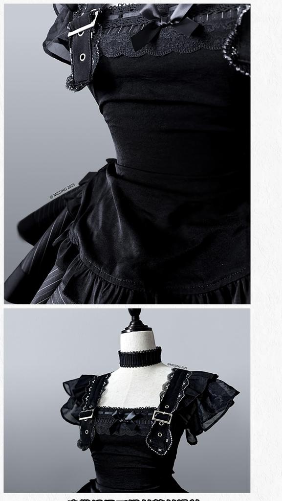 Maid Gotik Lolita Retro Schwarz-Weiß Gestreiftes Lolita Cosplay Rüschen Lolita Kurzarm Kostüm Ordentlich und Perfekt für Cafés und Freizeitparks