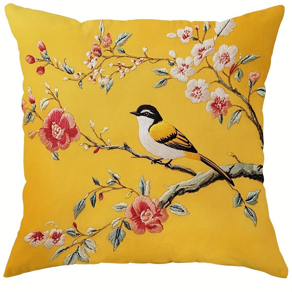 

3D exquisite embroidered printed pillow cover, yellow flower, bird and butterfly printed sofa chair cushion cover 16x16in 40x40cm