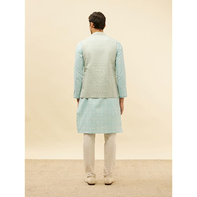 Manyavar Mens Blue Brocade JACQUARD Jacket XL