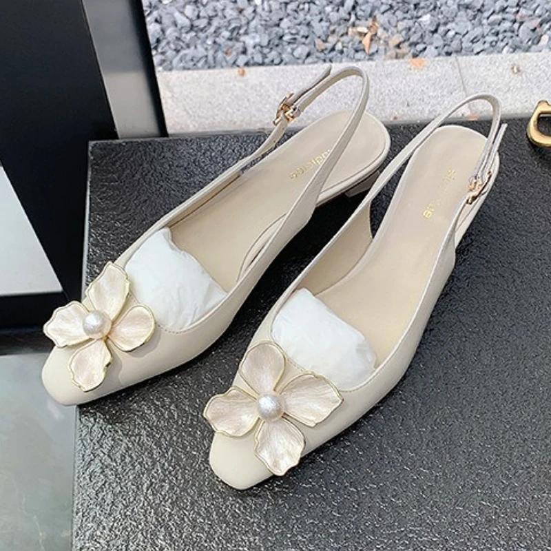 Fashion Elegant String Bead Flower Decoration Brand High Heels Women Sexy Pointy Toe Slingback Designer Shoe Fashion Wedding Bridal Shoe