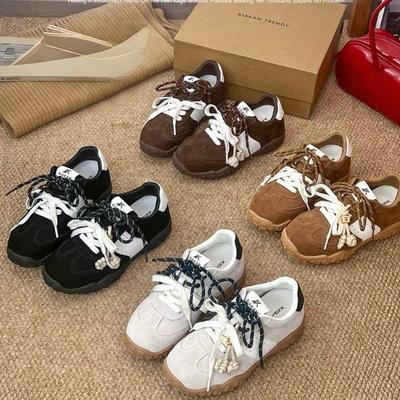 Cowhide Version New Color~ 5cm Inner Height Increase Crescent Thick-soled Mandarin Duck Shoelaces Sports and Leisure Shoes Women's German Training Sh