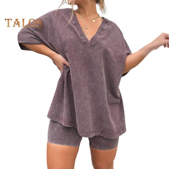 

2 шт./компл. женский комплект летней спортивной одежды с V-образным вырезом и боковым разрезом с короткими рукавами, свободная футболка с эластичной резинкой на талии, мини-брюки, комплект спортивного костюма, спортивная одежда L фиолетовый