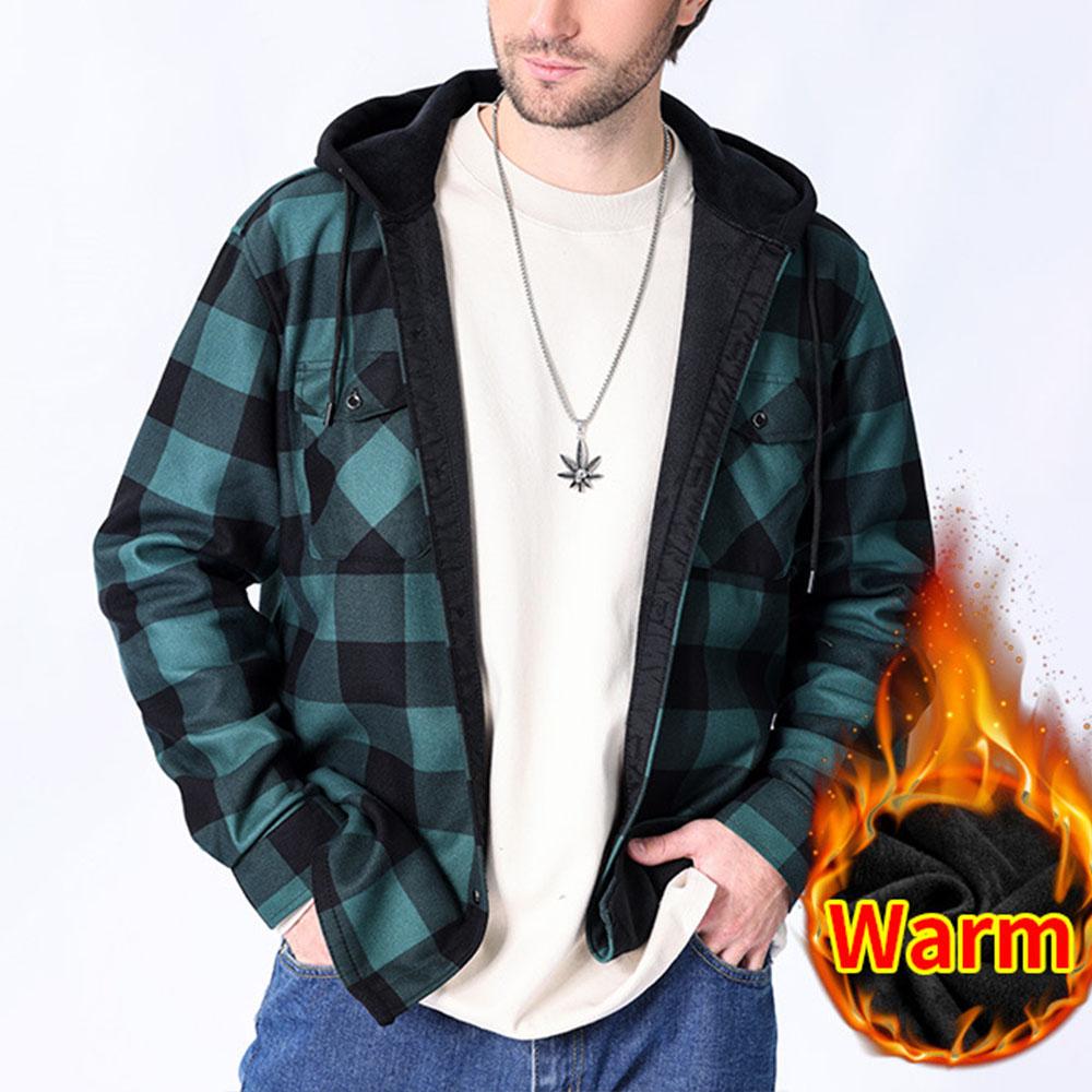 Men's Winter Jackets Large Size Flannel Casual Fleece Lining Hooded Plaid Shirts for Men Outwear Vintage Men Warm Coat