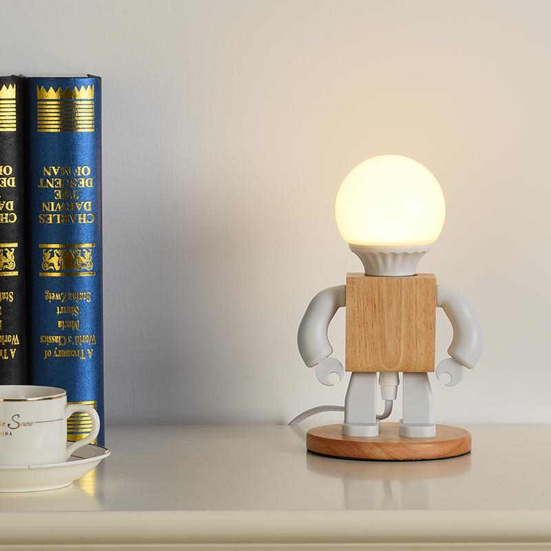 Creative Robot Table Light Nordic Modern White Wood Table Lamp LED Kids Baby Girl Boy Children Bedroom Bedside Mini Night Lights