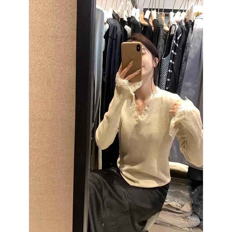 Lace neck knitted sweater women's high-end flared sleeve top spring versatile temperament inner bottoming shirt