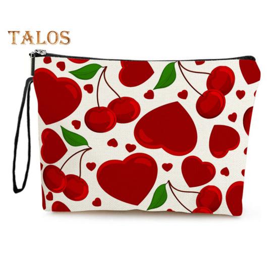 

Косметичка для хранения с принтом в виде сердца и вишни, контрастный цветной органайзер для макияжа, застежка-молния, большая вместимость, портативная, с ремешком для подвешивания, косметичка красный