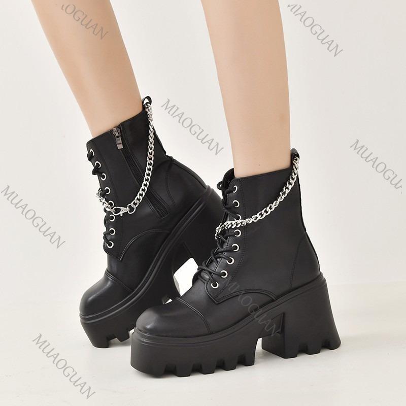 Fashion 2025 Autumn New Gothic Style Women's Thick Soled Punk Motorcycle Boots Chunky High Heels Chain Black Punk Short Knight Botines