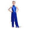 Mädchen Halter Ärmellos Rückenfrei Pailletten Stufig Quaste Tanz Jumpsuit Cha cha Latein Kostüm