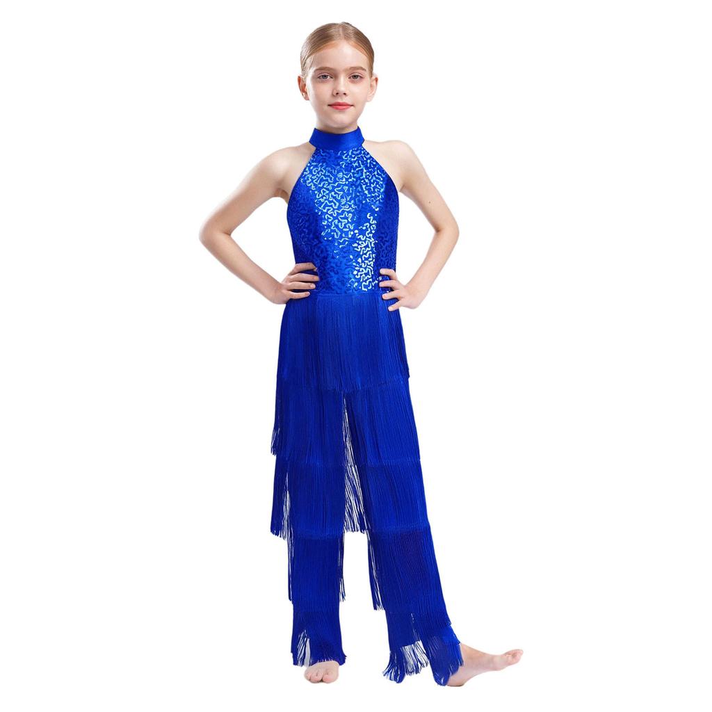 Mädchen Halter Ärmellos Rückenfrei Pailletten Stufig Quaste Tanz Jumpsuit Cha cha Latein Kostüm