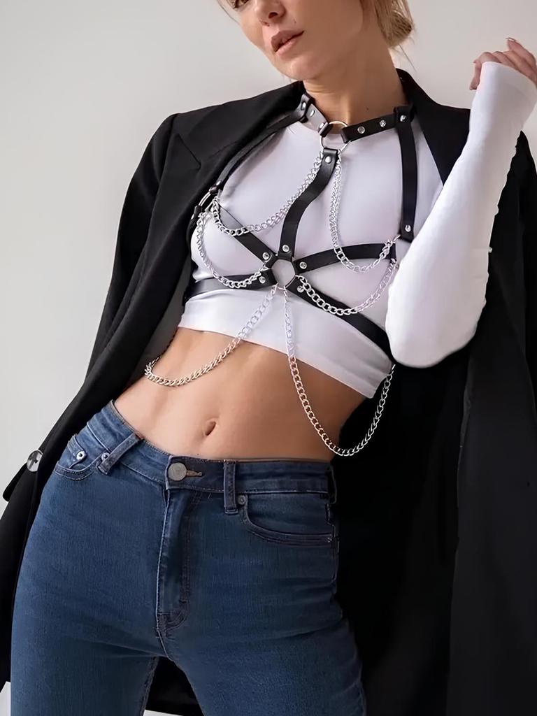 Women'S Leather Body Harness With Chains - Adjustable Punk Goth Lingerie For Fashion And Dance