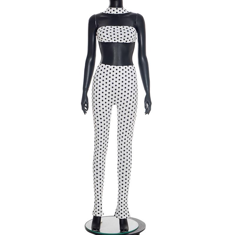 European & American Women s Polka Dot Halter Backless Two-Piece Set: Tight Long Pants M