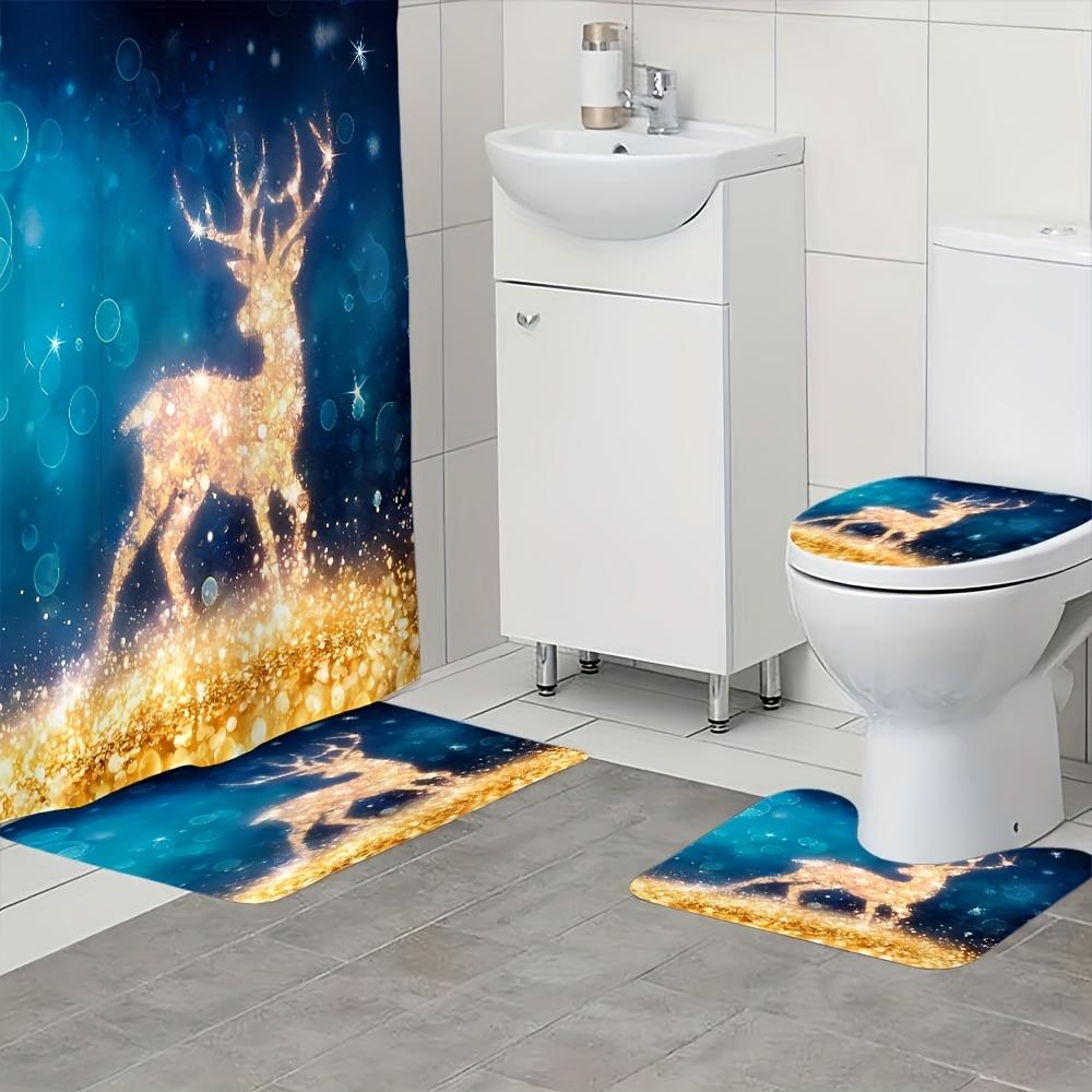 4-teiliges Badezimmer-Duschvorhang-Set Weihnachten Goldener Elch Badezimmer-Vorhang mit 12 Haken Rutschfeste Teppiche Toilettendeckelmatte Badezimmer-Trennwand