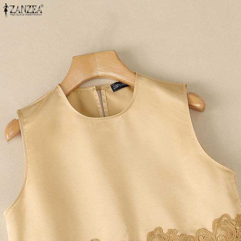 ZANZEA Women Casual Round Neck Lace Tassel Splice Loose Sleeveless Tank Tops