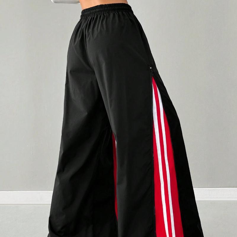 Street-style Hot Girl Patchwork Hip-hop Zipped Patchwork Retro Loose Floor-length Pants