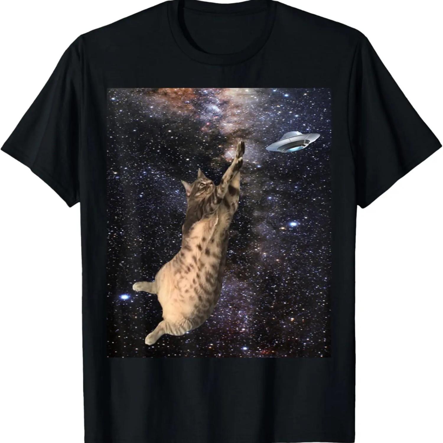 

Fat Cat In Space Shirt Funny Tabby Orbits Earth Flying UFO S