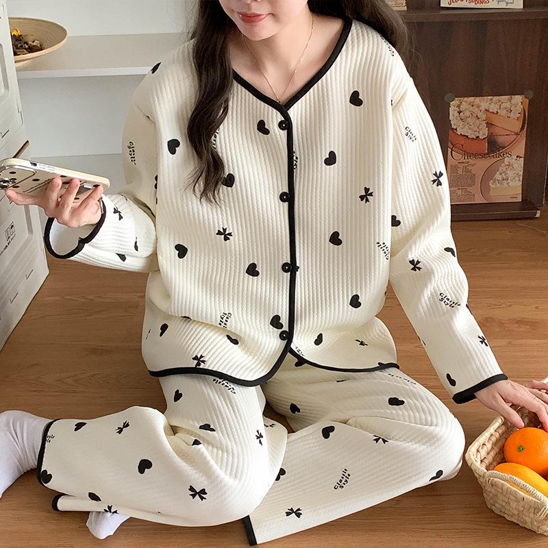 Layered Long Sleeve Cotton Quilted Pajamas Set for Women - Autumn/Winter Casual Cardigan Homewear