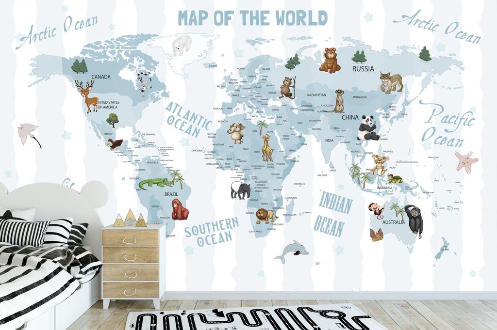Children's photo wallpaper world map with blue stripes and animals DWK288 300x200