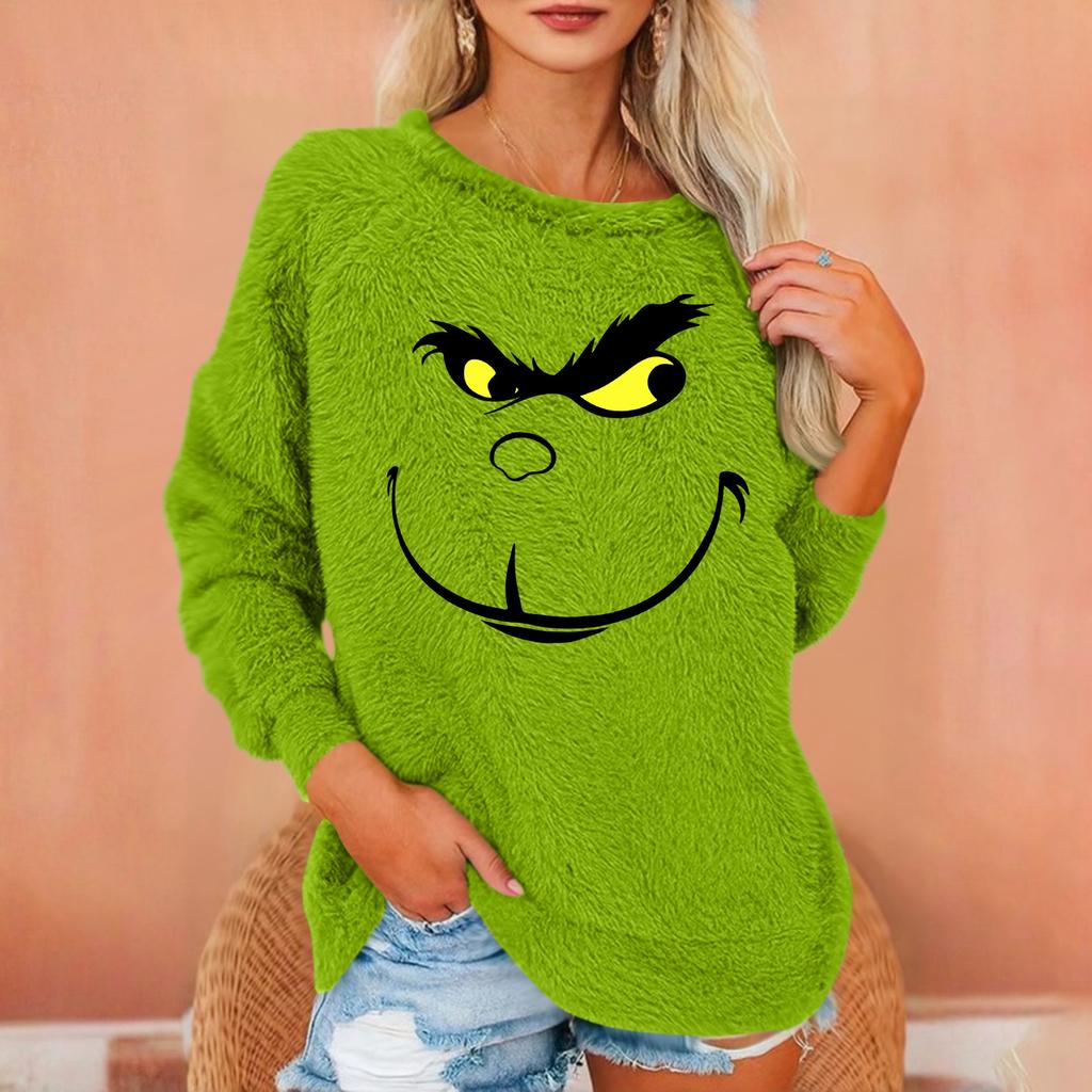 Womens Fuzzy Long Sleeve Pullover Crewneck Sweatshirt with Cartoon Face Print Casual Loose Fit Soft Warm Top for Autumn Winter
