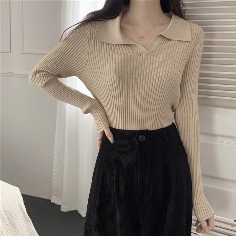 Women's Pure and Sexy Style Polo Collar Knitted Shirt Spring and Autumn Top Outer Wear Slim-Fitting Spicy Girl Sweater Versatile Soft Base Layer