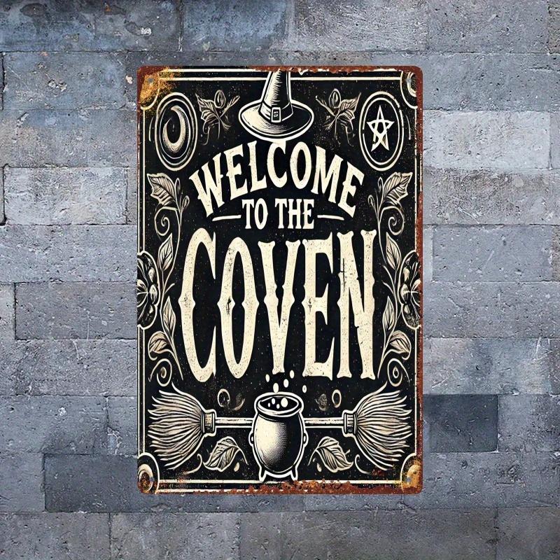 

Vintage Welcome to the Coven Metal Sign Iron Wall Art with Witch Hat Cauldron Design Durable Home Office Bar or C 20x30cm
