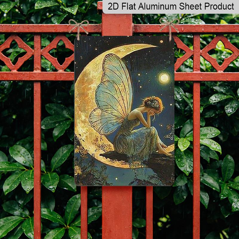 2D Flat 1pc Vintage Fantasy Fairy Moon Aluminum Sign-7.87*11.8 Inch Enchanting Wall Art with Crescent Moon & Stars, Durable Indoor/Outdoor Decor for