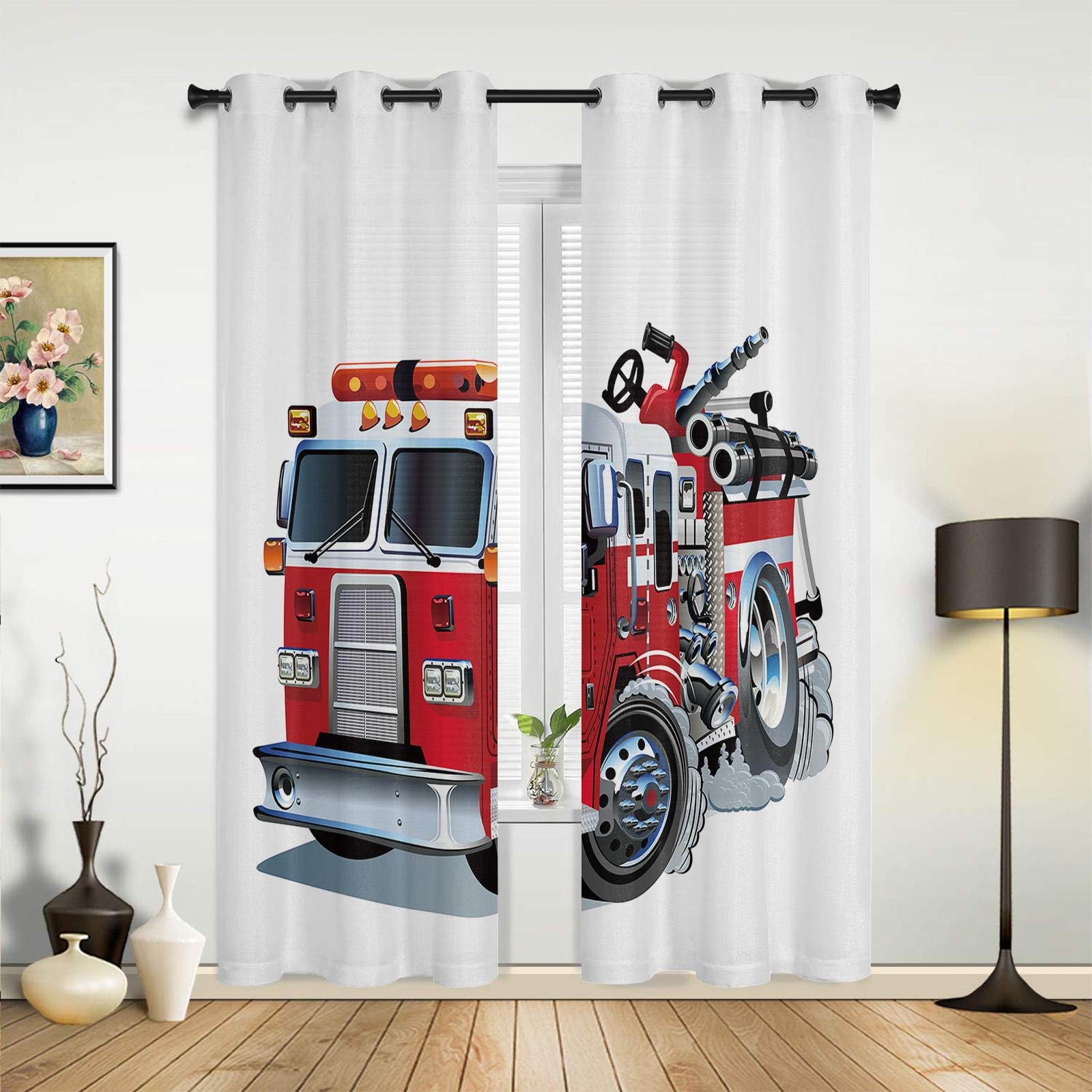 Vorhänge mit Cartoon-Muster, rotes Feuerwehrauto, für Schlafzimmer, Wohnzimmer, Küche, Kinderzimmer, Fenstervorhang, moderne Wohnkultur 135W x 60H(cm) x1