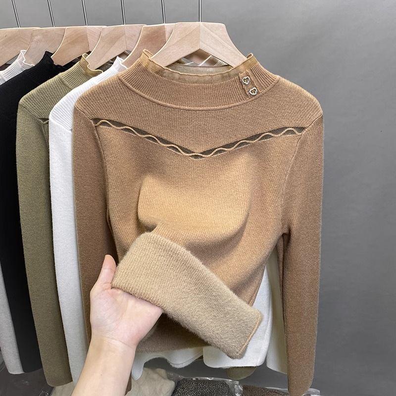 One Piece Velvet Sweater High Neck Women's Velvet Base Winter Lace Knit Sweater Inner Layer
