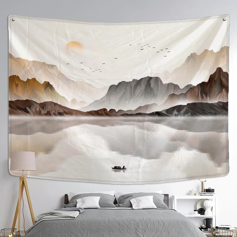 Mountain And River Ink Painting Tapestry Wall Hanging Bohemian Style Ins Hippie Psychedelic Home Decor