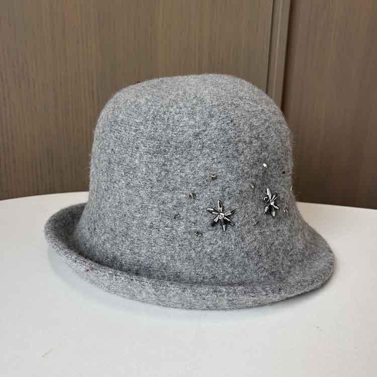 Retro Small Fragrant Style Fashion Wool Bucket Hat Women Autumn And Winter Warm Foldable Basin Hat Rhinestone Elegant Top Hat