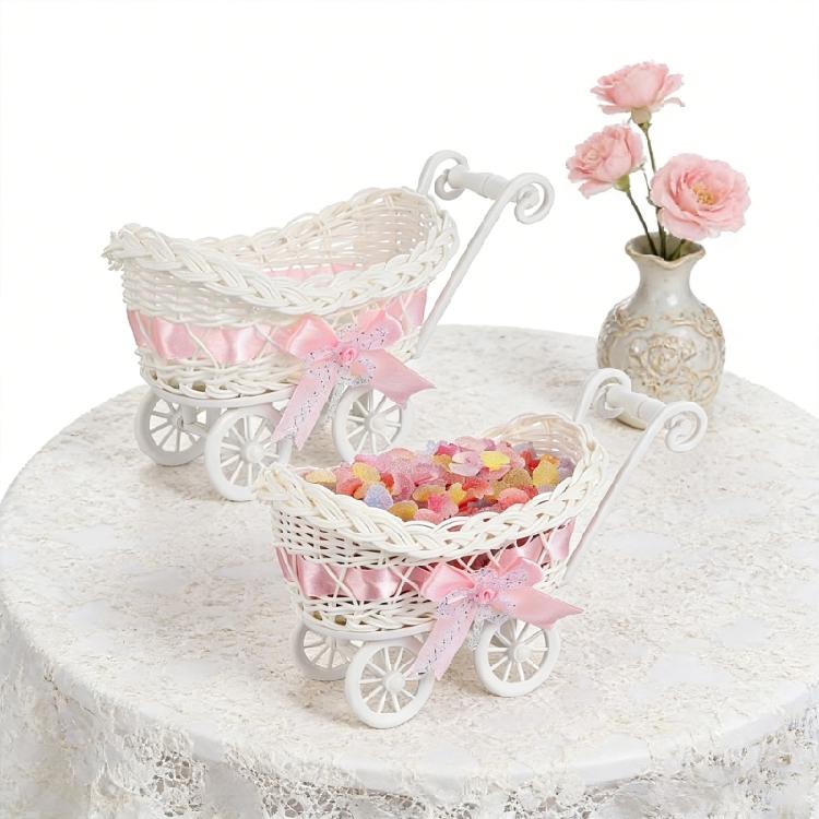 Woven Miniature Trolley Shape Baby Shower Candy Basket Artificial Rattan Strollers Flower Basket Multifunction Party Decors