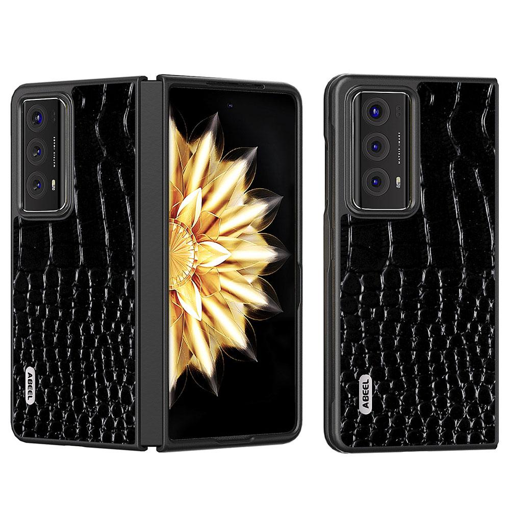 

ABEEL For Honor Magic V2 5G Anti-Drop Phone Case Crocodile Texture Genuine Cow Leather+PC Cover Black