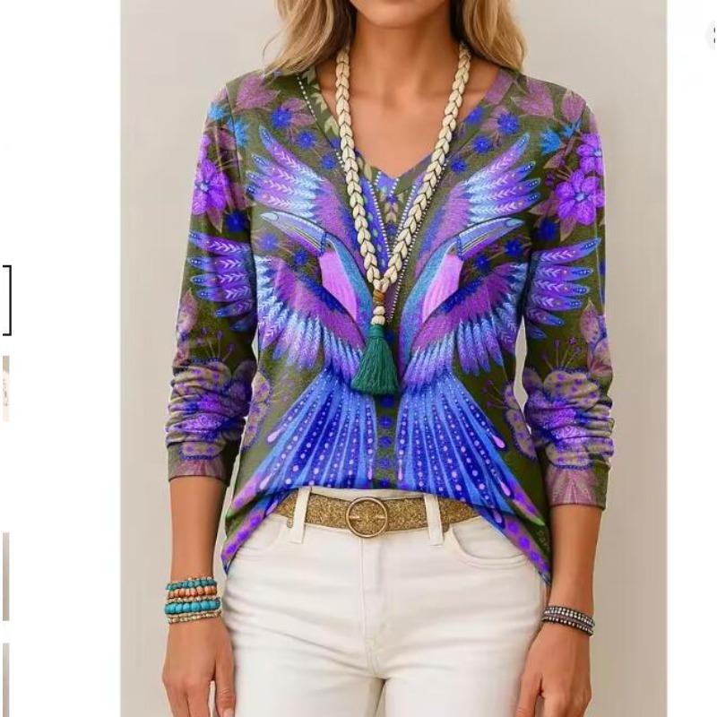 

Женская футболка с 3D-принтом, этническим графическим рисунком, пером, элегантная, модная, футболки с длинным рукавом, V-образным вырезом, обычные топы, пуловер, осень-зима 6XL
