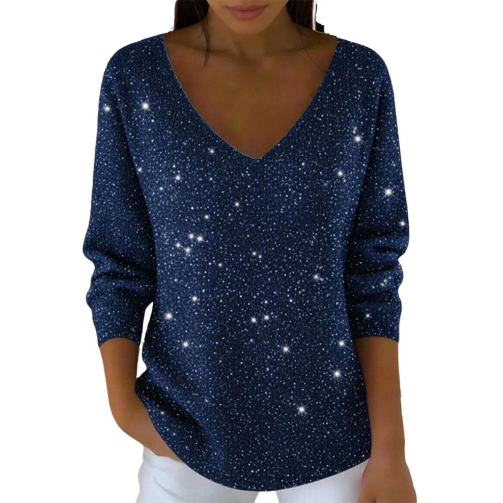 Women's Casual Daily Long-Sleeved V-Neck Faux Sweater Knitted Pullover Top With Sequins