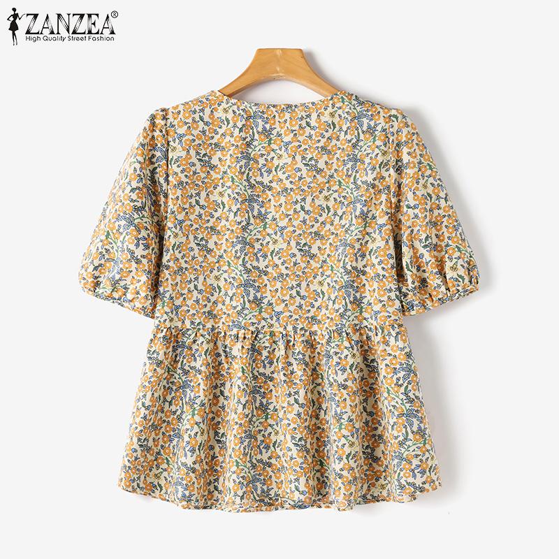 ZANZEA Damen Druck Quadratischer Ausschnitt Kurzärmelig A-Saum Blusen