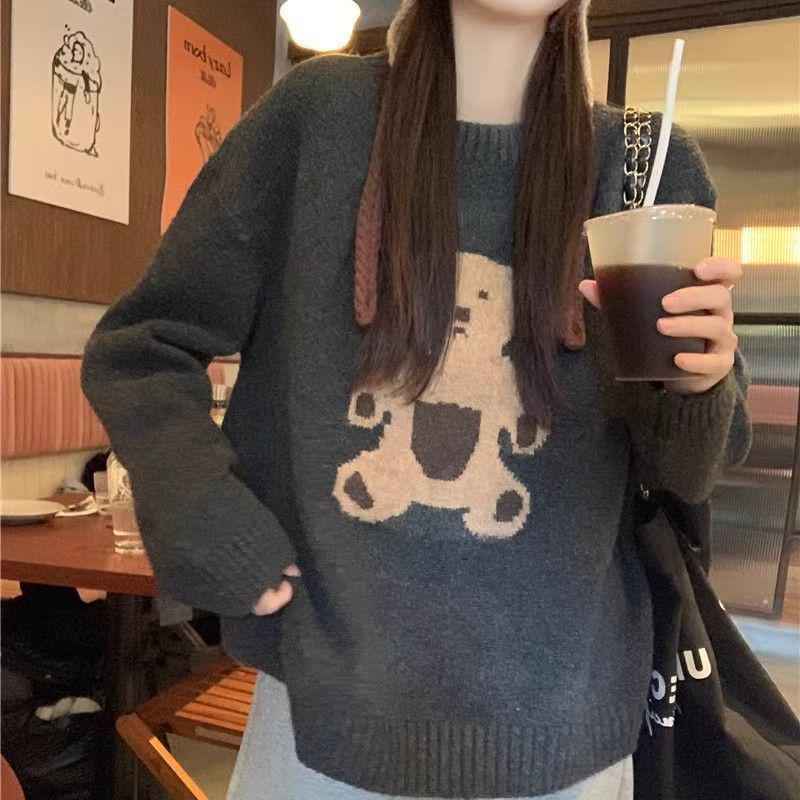 Women's Retro Teddy Bear Knit Sweater – Lazy Style Crew Neck, Long Sleeves, Winter Wear