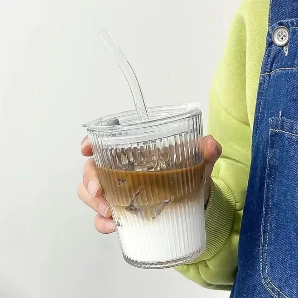 400/450ml Coffee Mug Simple Stripe Glass Cup With Lid and Straw Transparent Bubble Tea Cup Juice Milk Mocha Cups Breakfast Mug